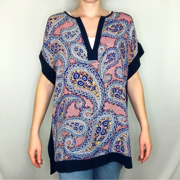 J.Crew Paisley Short Sleeve Colorful Beach Summer Vacation V-Neck Oversized - Picture 1 of 10